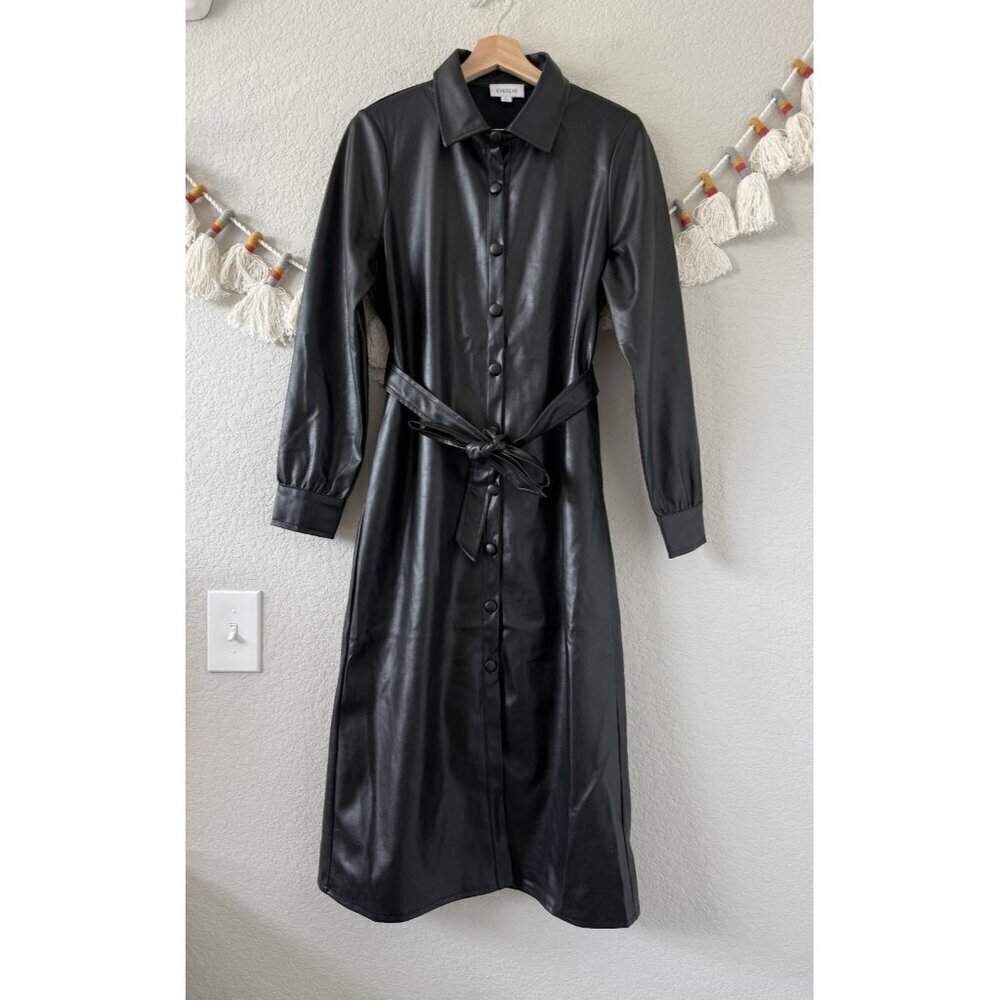 Evereve Clara Vegan Leather Long Sleeve Belted Midi Shirt Dress Grunge NWOT
